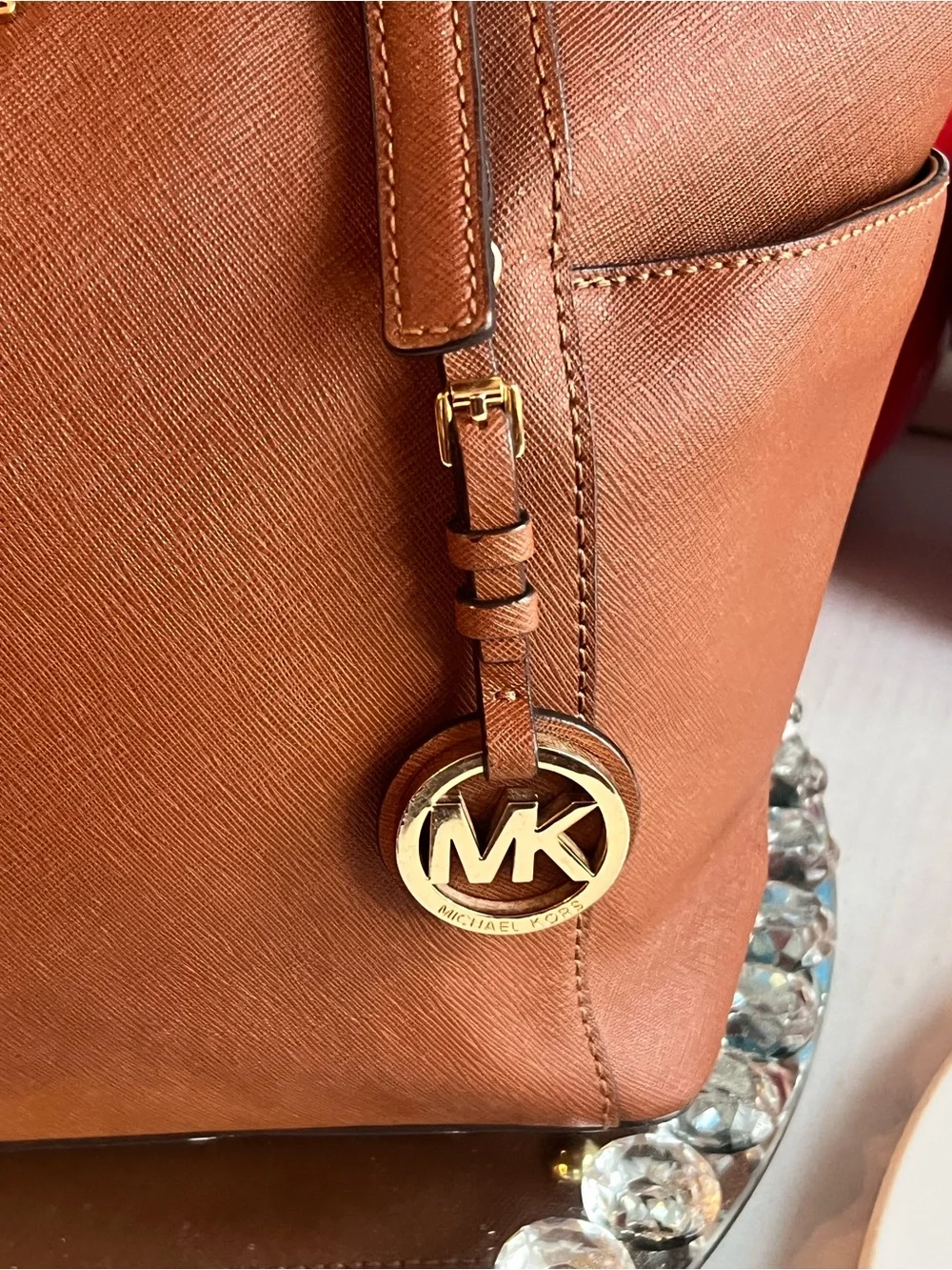 Michael Kors Brown Leather Saffiano Tote with Gold Logo Charm